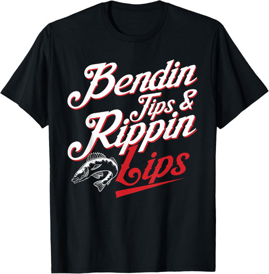 Bendin Tips and Ripping Lips Funny Fishing Shirt Bass Fishin T-Shirt - T-Shirt | Black