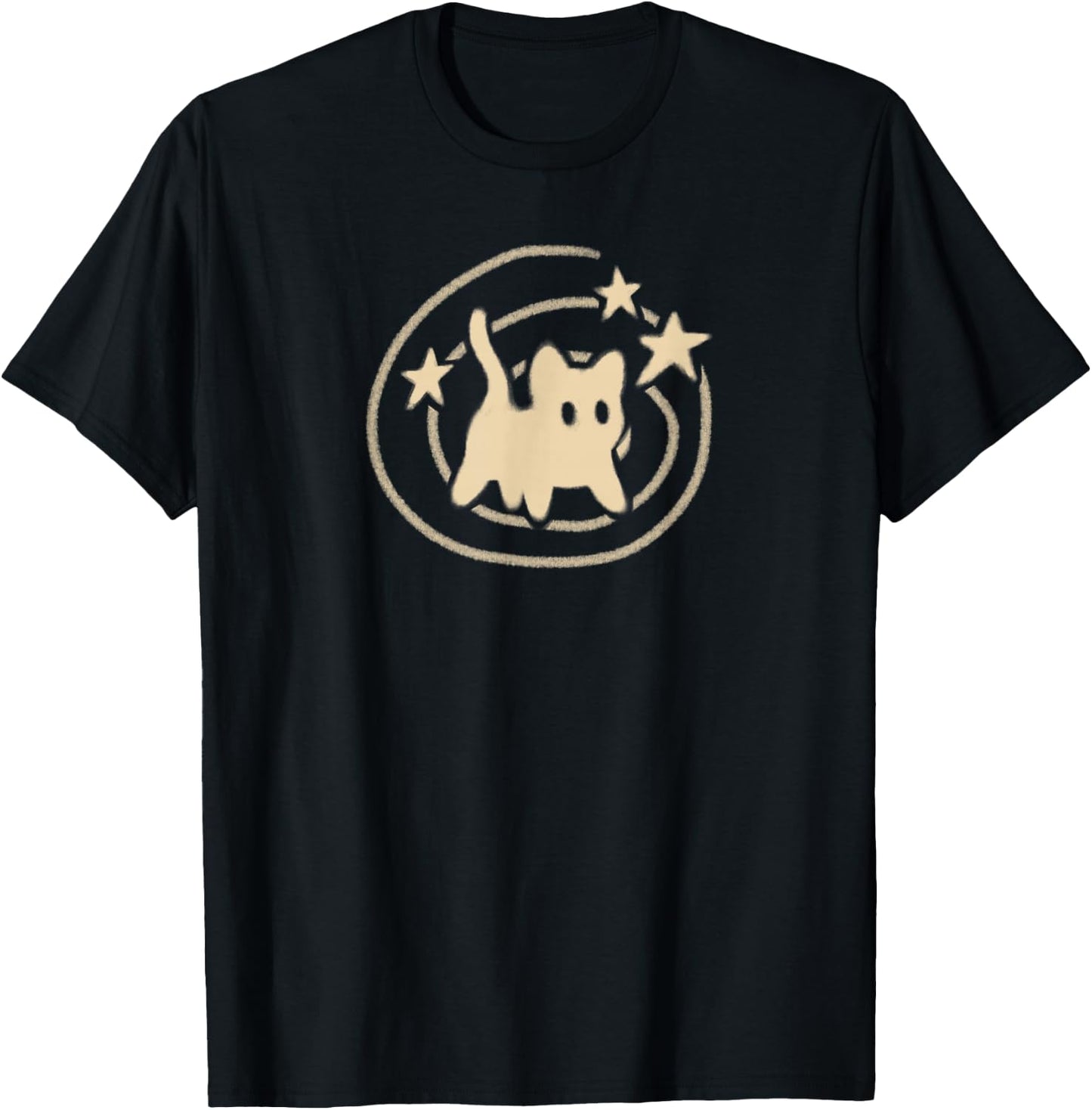 90s Y2K Scary Tomcat Cat is Scared Under Starry Tail T-Shirt - T-Shirt | Black