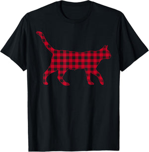 Red Plaid Reindeer Cat Christmas Buffalo Pajama T-Shirt - T-Shirt | Black