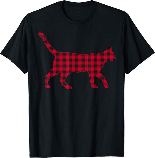 Red Plaid Reindeer Cat Christmas Buffalo Pajama T-Shirt - T-Shirt | Black