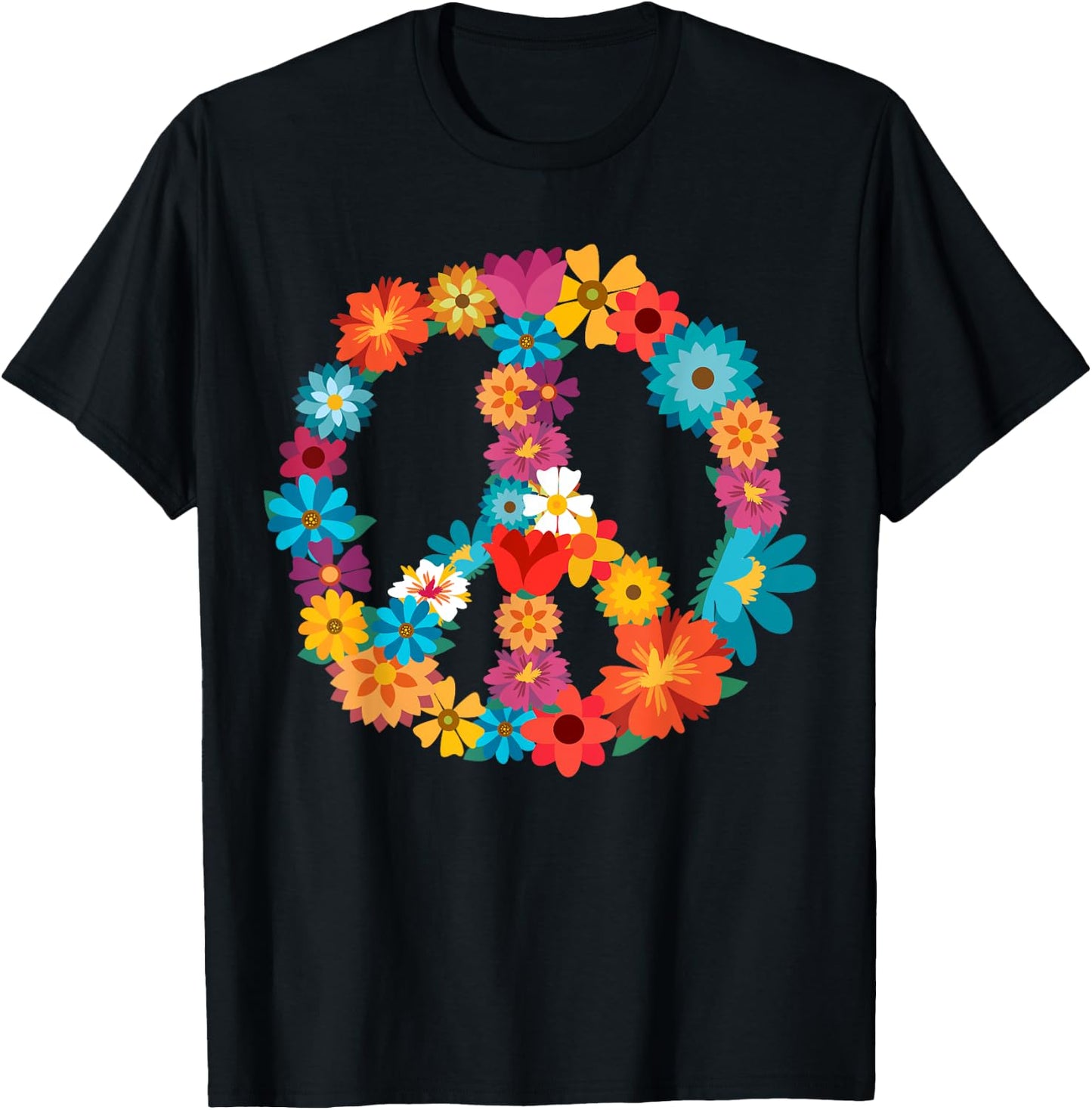 Peace Love | 60's 70's Hippie Costume Colorful Flowers T-Shirt - T-Shirt | Black
