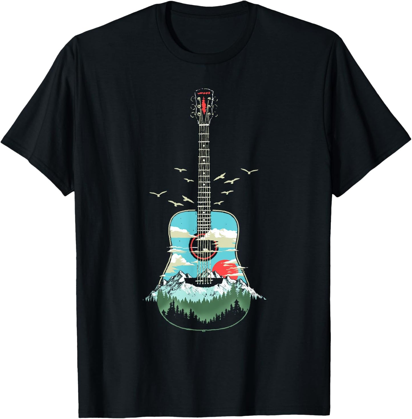 Beautiful Acoustic Guitar Mountains Forest & Nature Graphic T-Shirt - T-Shirt | Black
