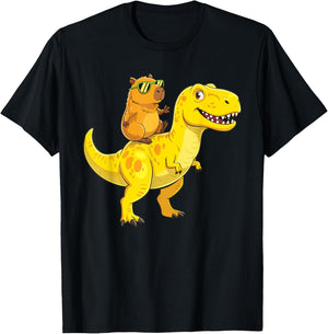 Funny Capybara Riding Cute Dinosaur T-Rex Lovers T-Shirt - T-Shirt | Black