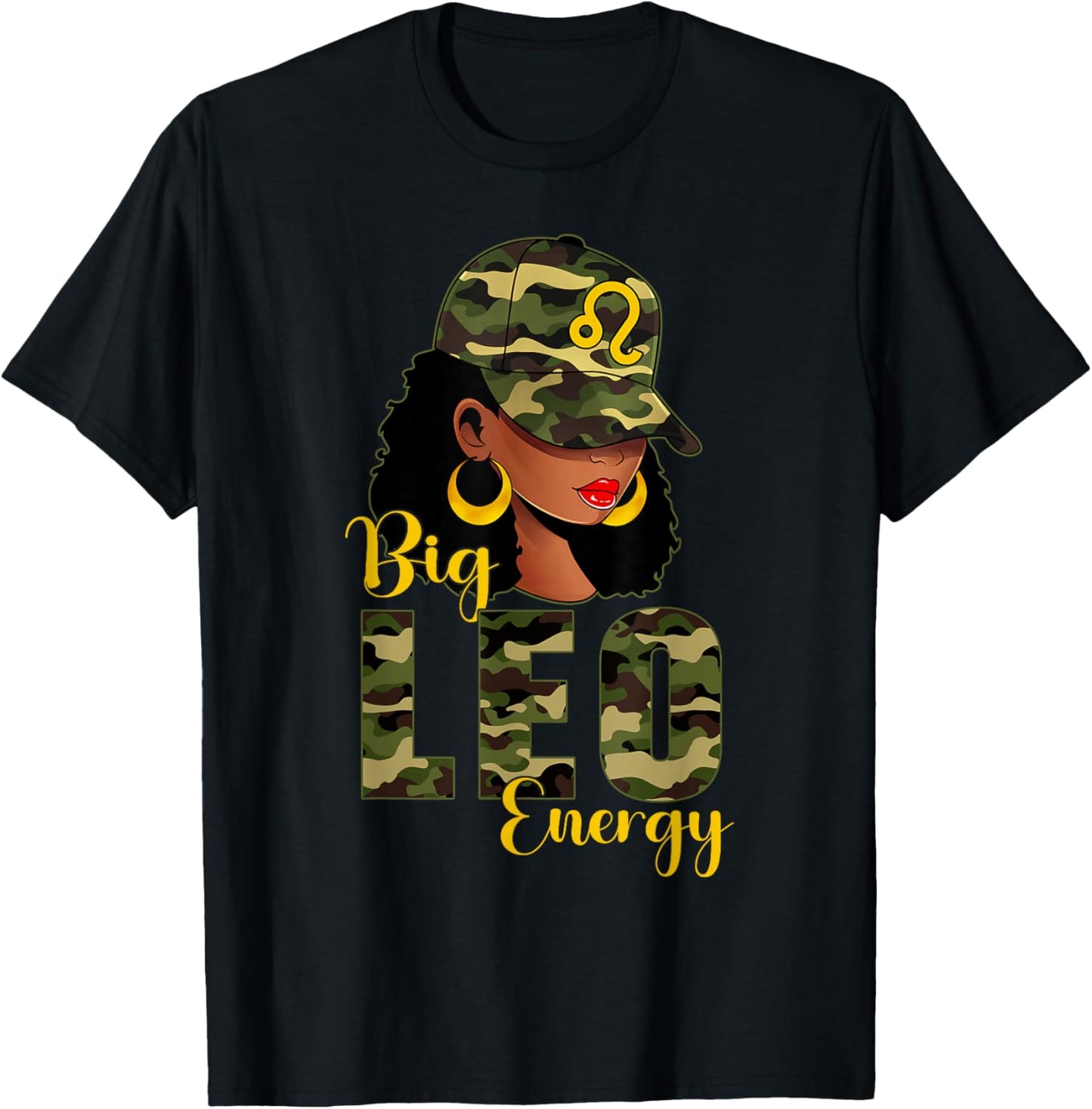 Big Leo Energy Camouflage Black Woman Cap Zodiac T-Shirt - T-Shirt | Black