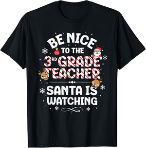 Be Nice To The 3rd Grade Teacher Squad Christmas Santa T-Shirt - T-Shirt | Black