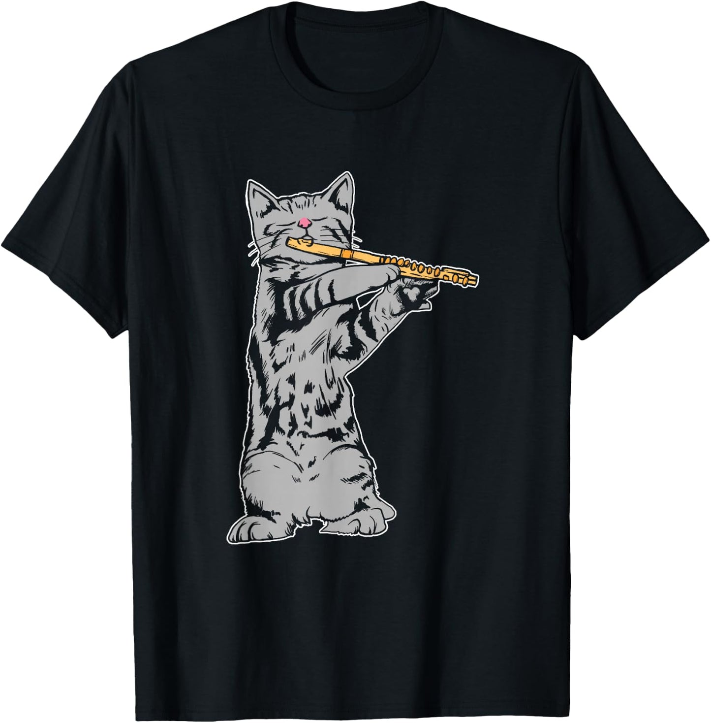 Cat Playing Flute Cool Musician Marching Band T-Shirt - T-Shirt | Black