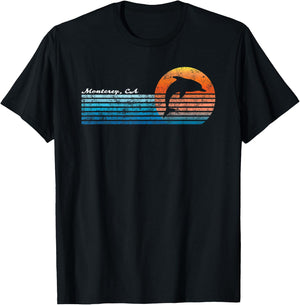 Vintage Monterey, CA Retro 80s Dolphin Sunset T-Shirt - T-Shirt | Black