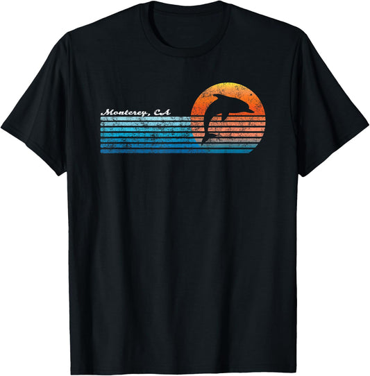 Vintage Monterey, CA Retro 80s Dolphin Sunset T-Shirt - T-Shirt | Black