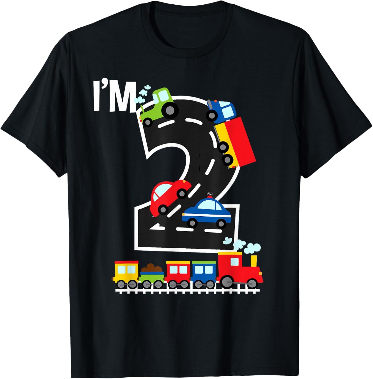 I'm 2 Birthday Boy 2nd Bday Trains Cars Trucks Number T-Shirt - T-Shirt | Black