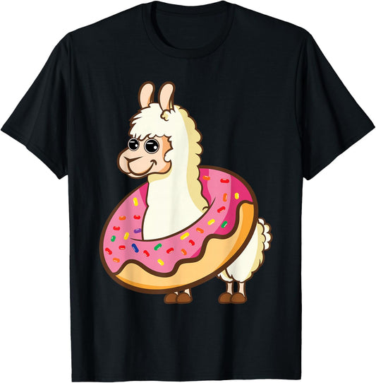 Cute And Funny Llama In A Donut Hole T-Shirt - T-Shirt | Black