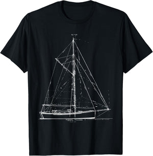 Vintage Retro Sailboat Blueprint T-Shirt - T-Shirt | Black