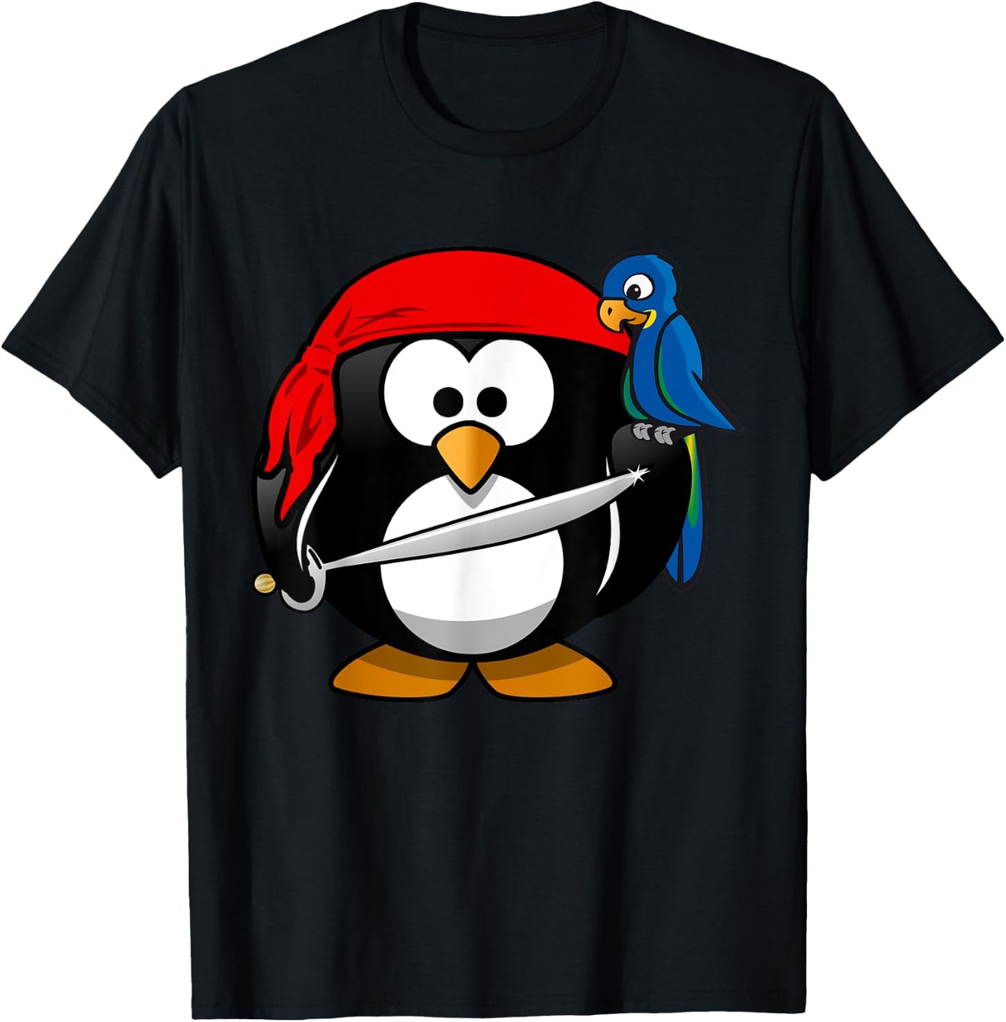 Cute Pirate Cartoon Penguin with Parrot T-Shirt - T-Shirt | Black
