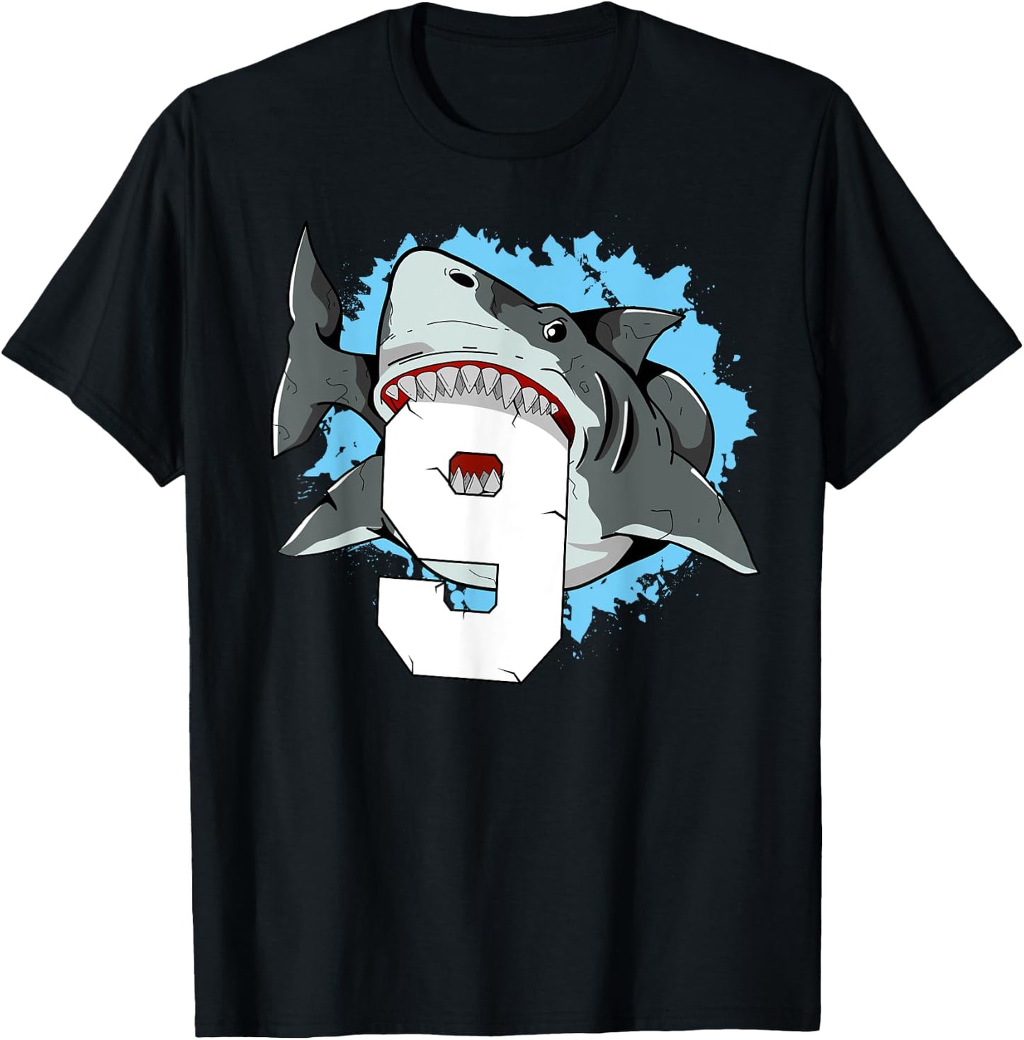 Shark 9th Birthday Boy 9 Nine Shark Theme Party T-Shirt - T-Shirt | Black