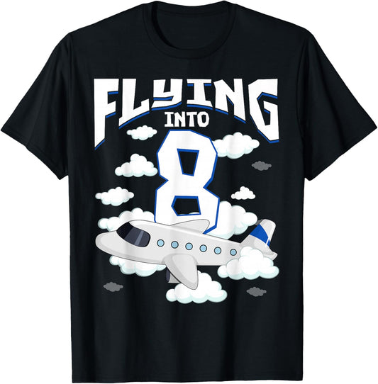 8th Airplane Birthday Party 8 Years Old Pilot Birthday Boys T-Shirt - T-Shirt | Black