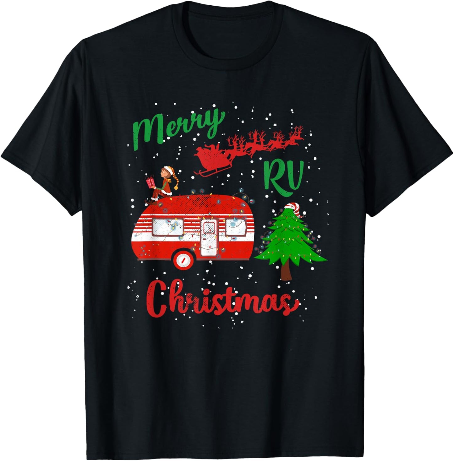 Merry RV Christmas Camping Santa Claus Distressed T-Shirt - T-Shirt | Black