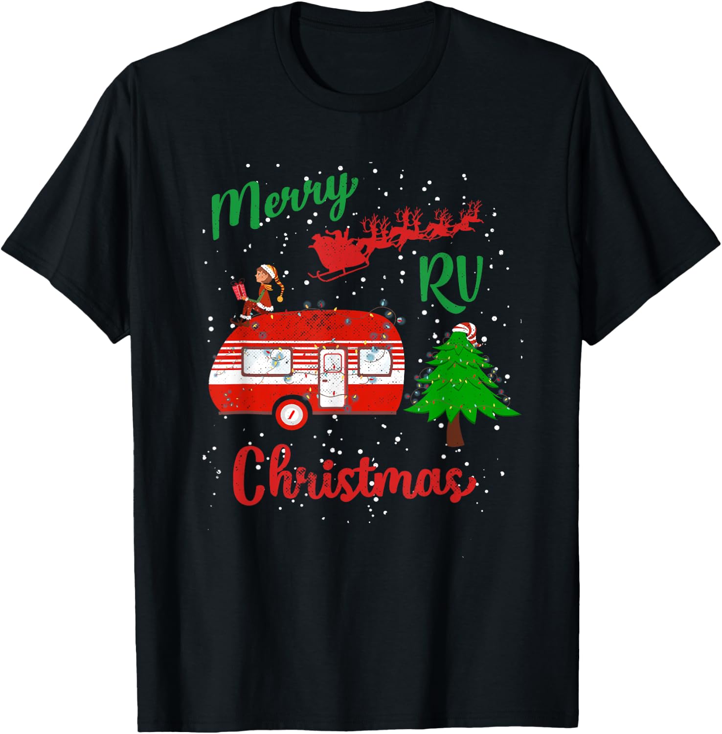 Merry RV Christmas Camping Santa Claus Distressed T-Shirt - T-Shirt | Black