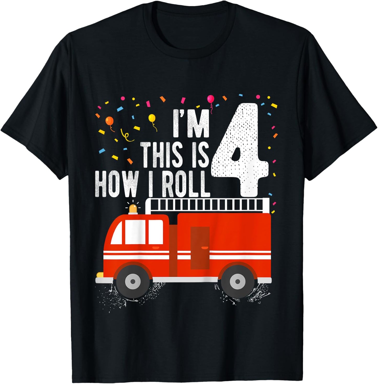 Kids Fire Truck 4th Birthday Boy 4 Year Old Firefighter T-Shirt - T-Shirt | Black