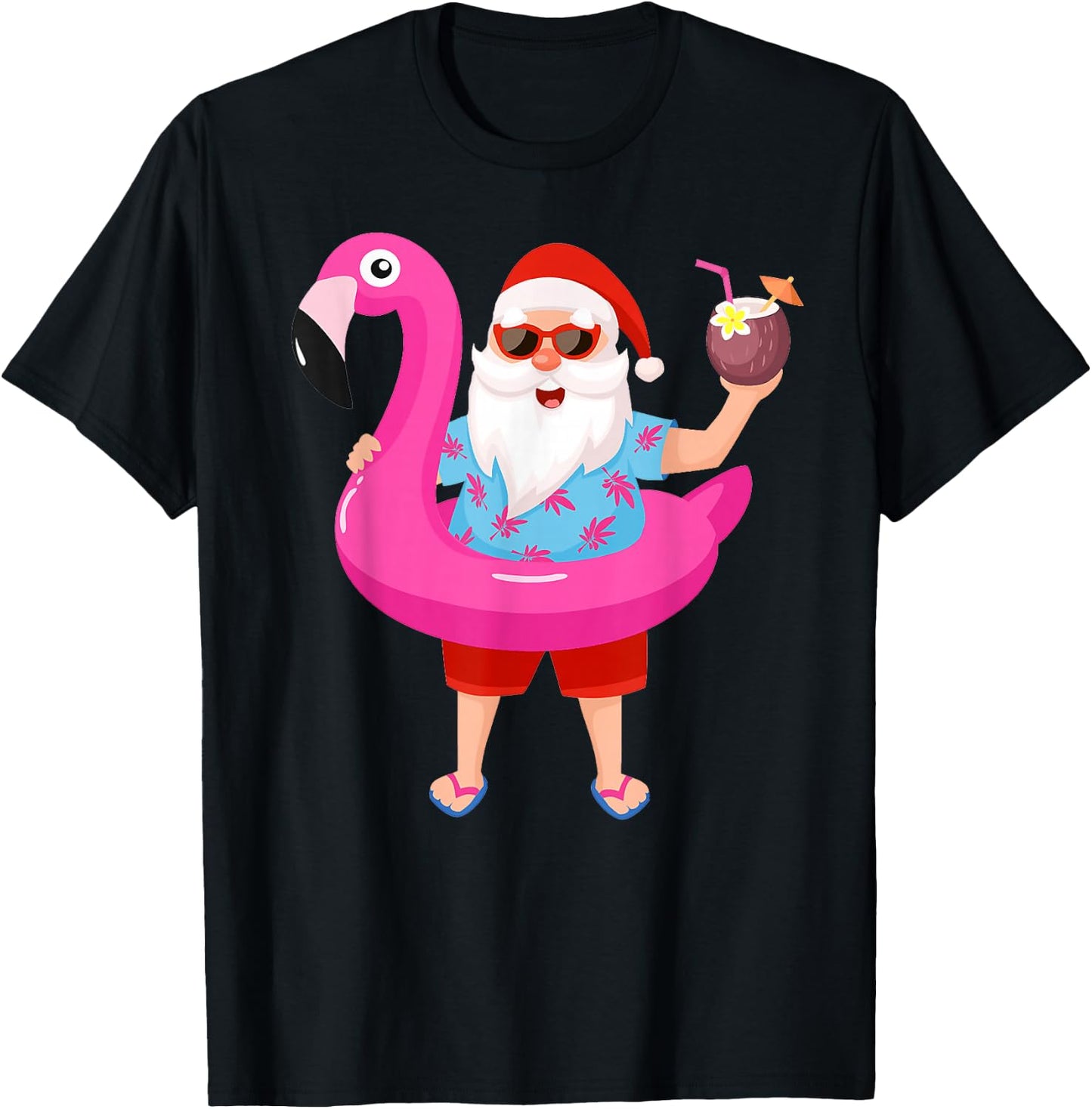 Christmas in July Santa hawaii Sunglasses Flamingo gifts T-Shirt - T-Shirt | Black