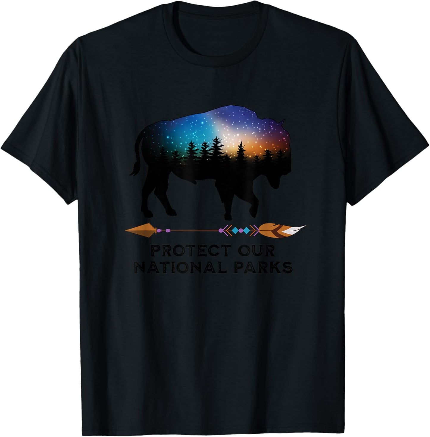 Save Our National Parks Vintage Bison Forest Starscape T-Shirt - T-Shirt | Black