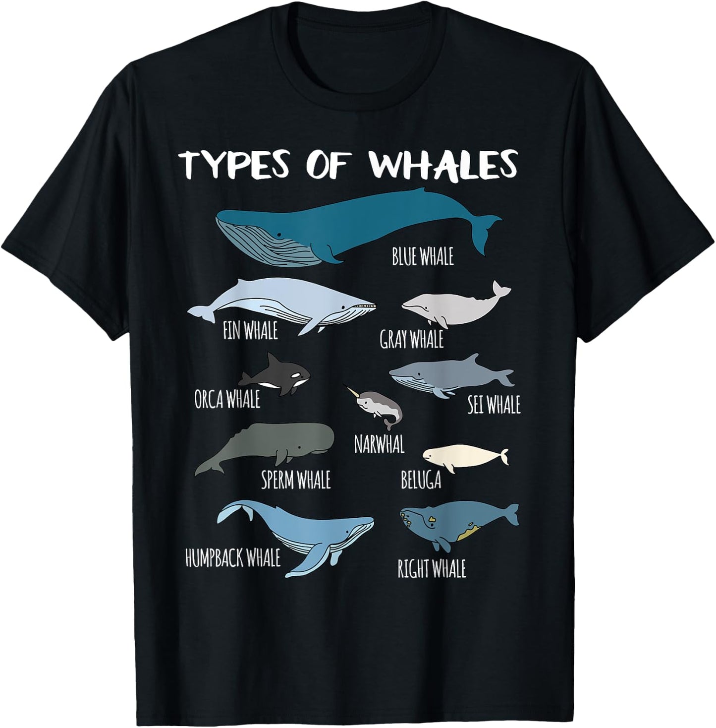 Types Of Whales Cute Ocean Mammals Guide T Shirt T-Shirt - T-Shirt | Black