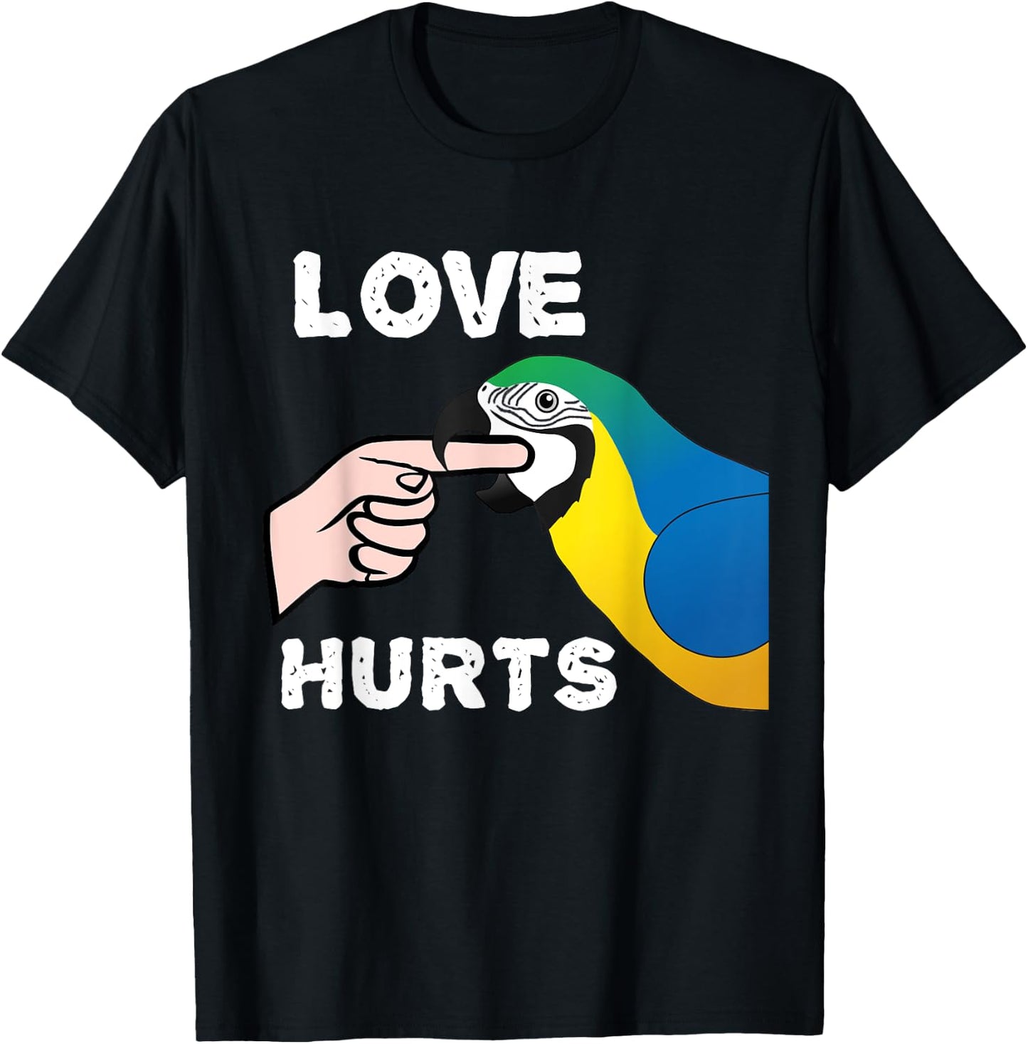 Love Hurts Blue and Gold Macaw Parrot T-Shirt - T-Shirt | Black