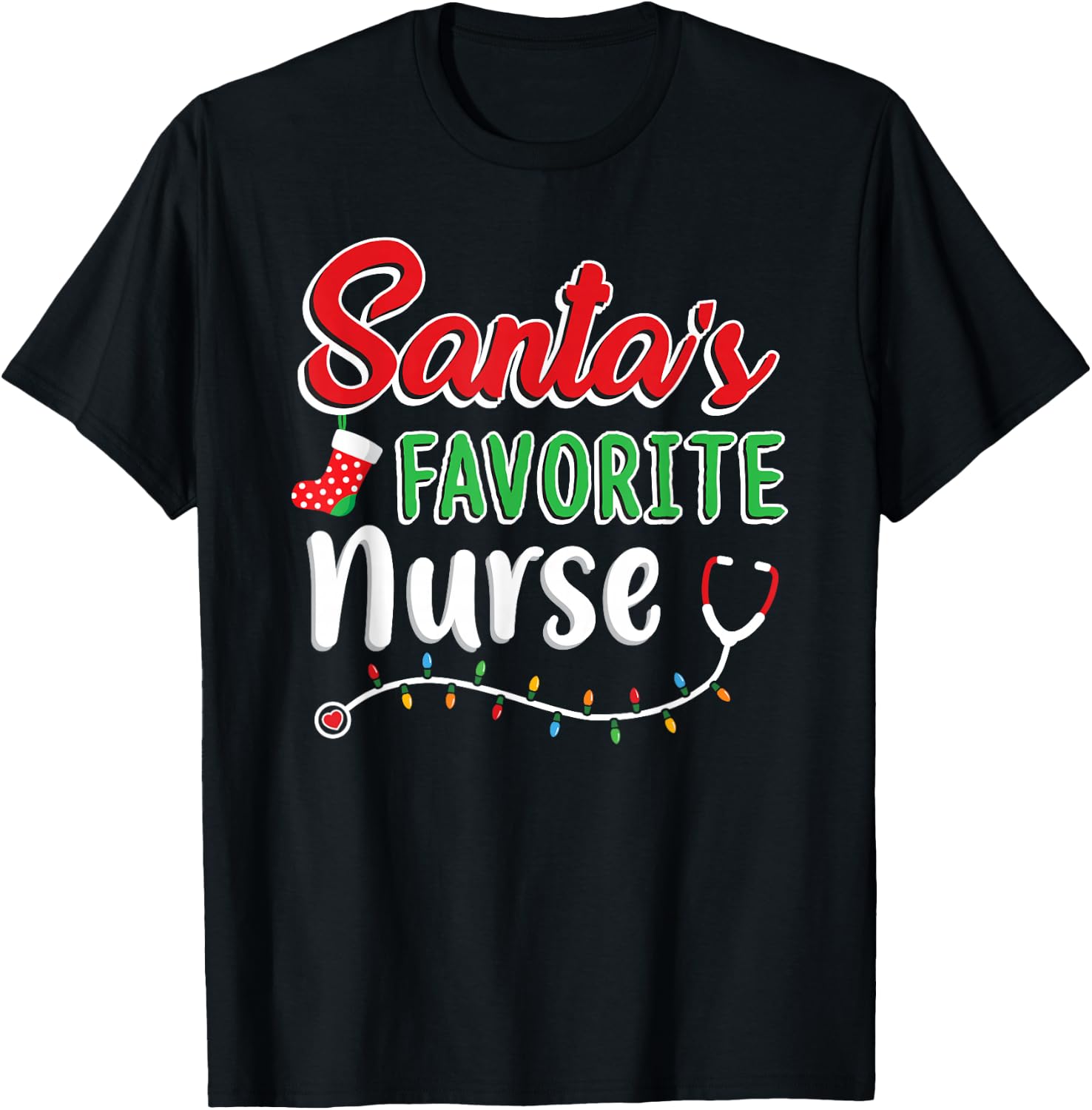 Santa's Favorite Nurse T Shirt Cute Merry Xmas Party Crew T-Shirt - T-Shirt | Black