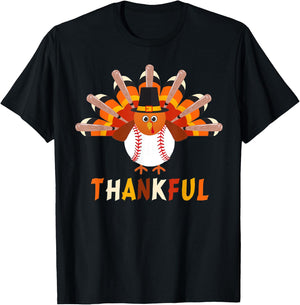 Turkey With Baseball Thankful Thanksgiving Christmas Gift T-Shirt - T-Shirt | Black