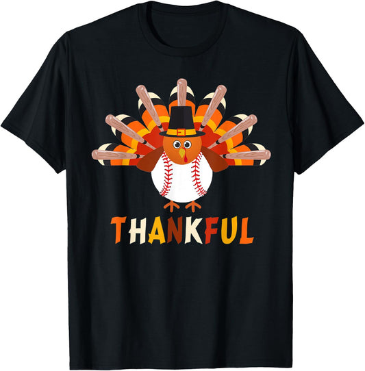 Turkey With Baseball Thankful Thanksgiving Christmas Gift T-Shirt - T-Shirt | Black