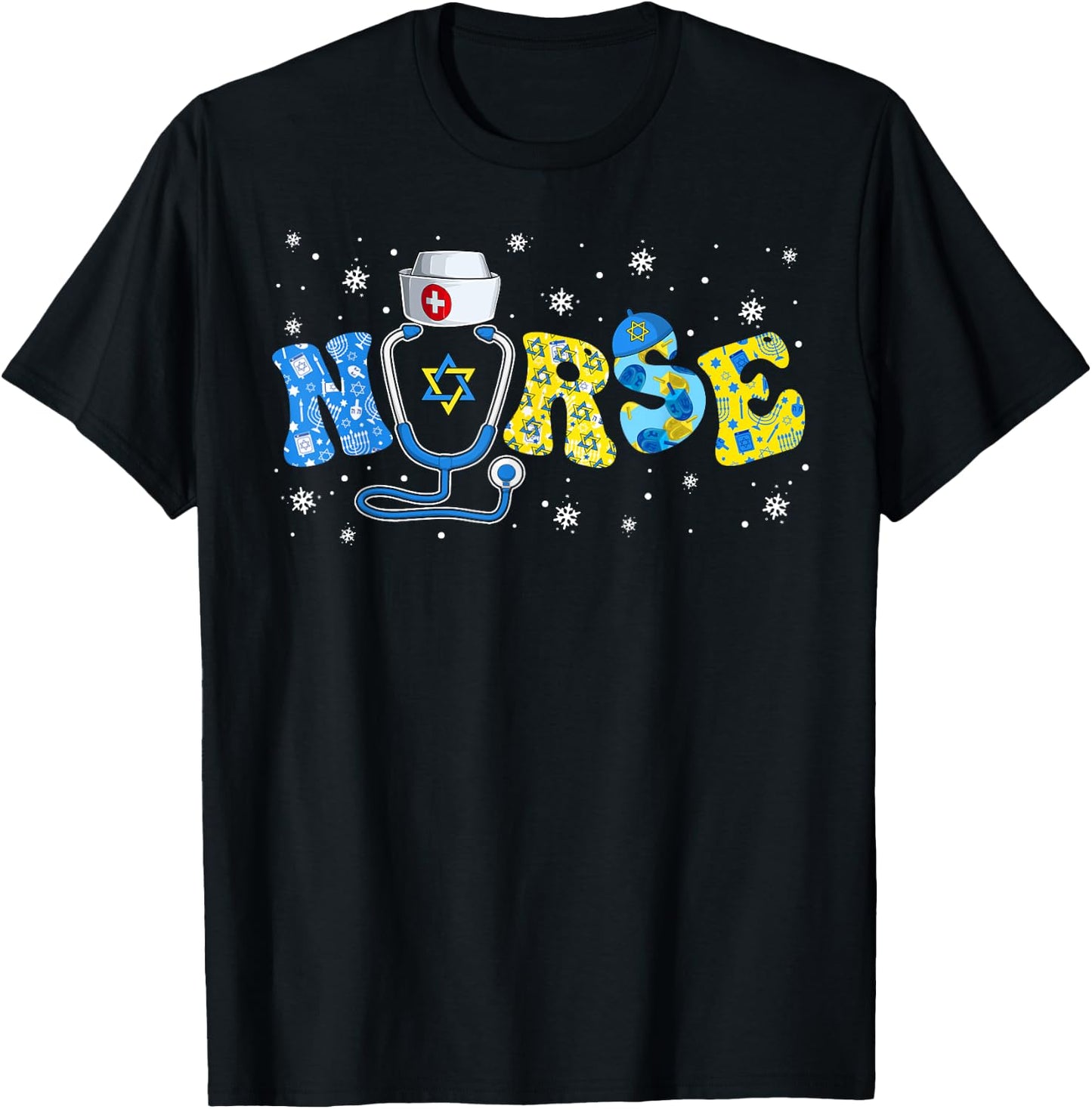 Jewish Nurse Stethoscope Happy Hanukkah Chanukah Pajamas T-Shirt - T-Shirt | Black