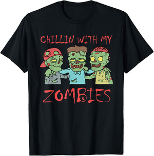 Funny Halloween Clothing Chillin With My Zombies Halloween Men's Black Short Sleeve Classic Fit Adult Size Small T-Shirt - T-Shirt | Black