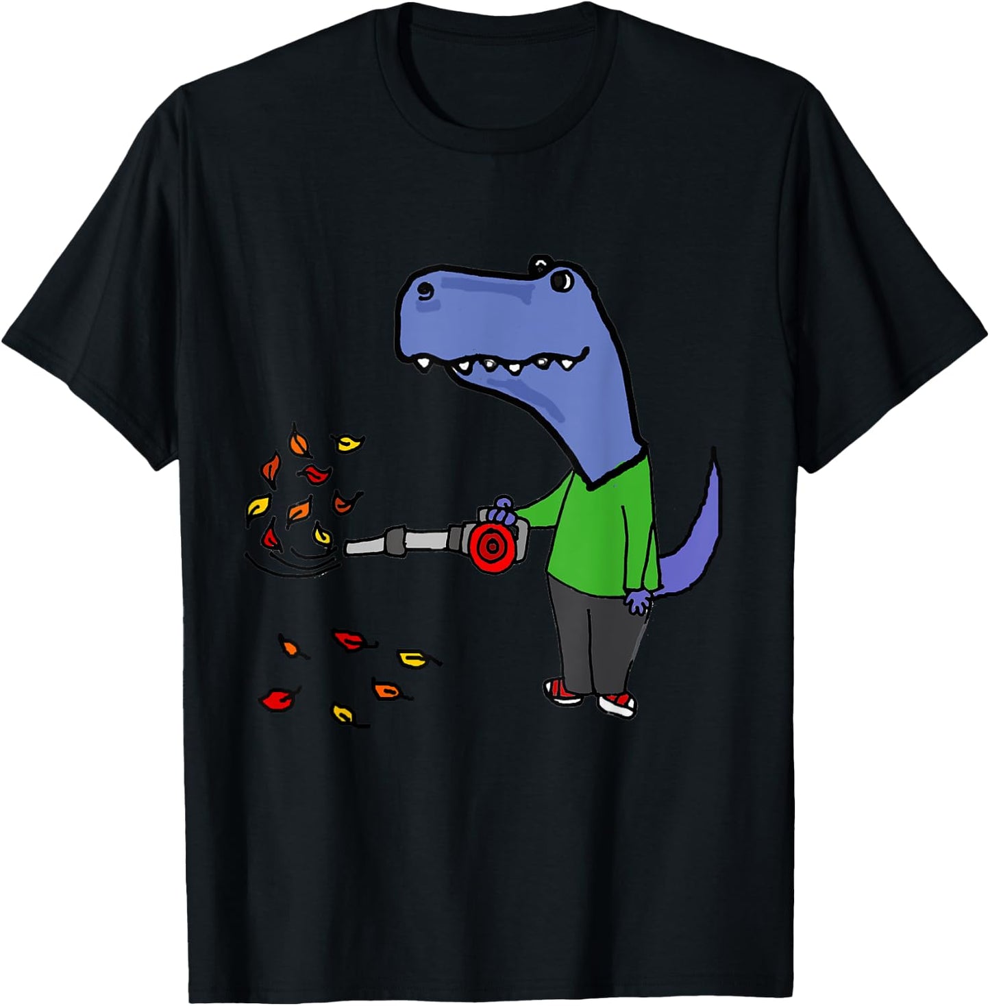 Smileteesall Funny T-rex Dinosaur using Leaf Blower Cartoon T-Shirt - T-Shirt | Black