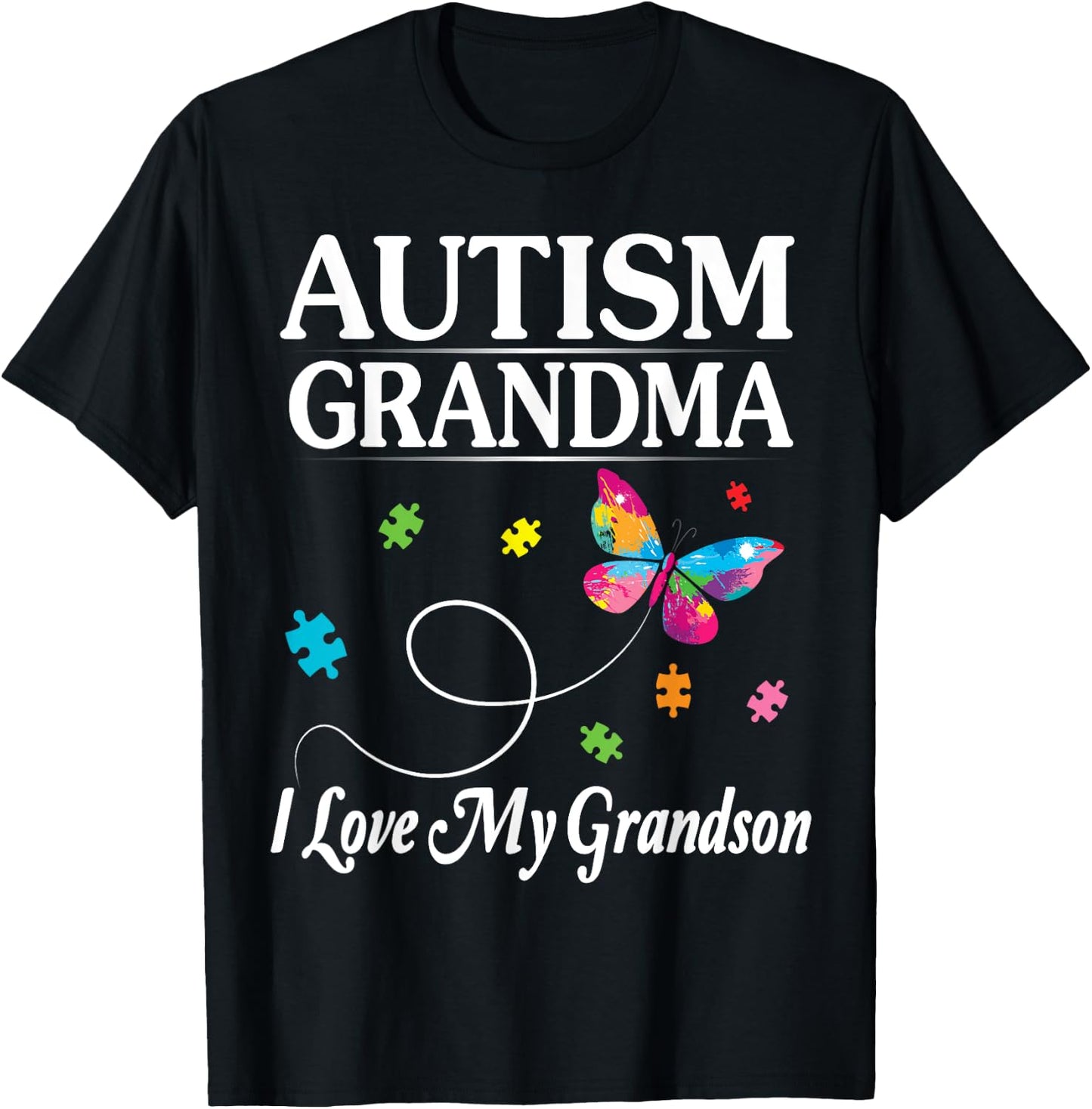Butterfly Autism Grandma I Love My Grandson Awareness Month T-Shirt - T-Shirt | Black