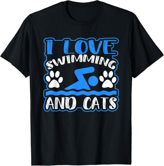 I Love Swimming And Cats Novelty Swim T-Shirt - T-Shirt | Black