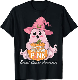 In October We Wear Pink Breast Cancer Awareness Halloween T-Shirt - T-Shirt | Black