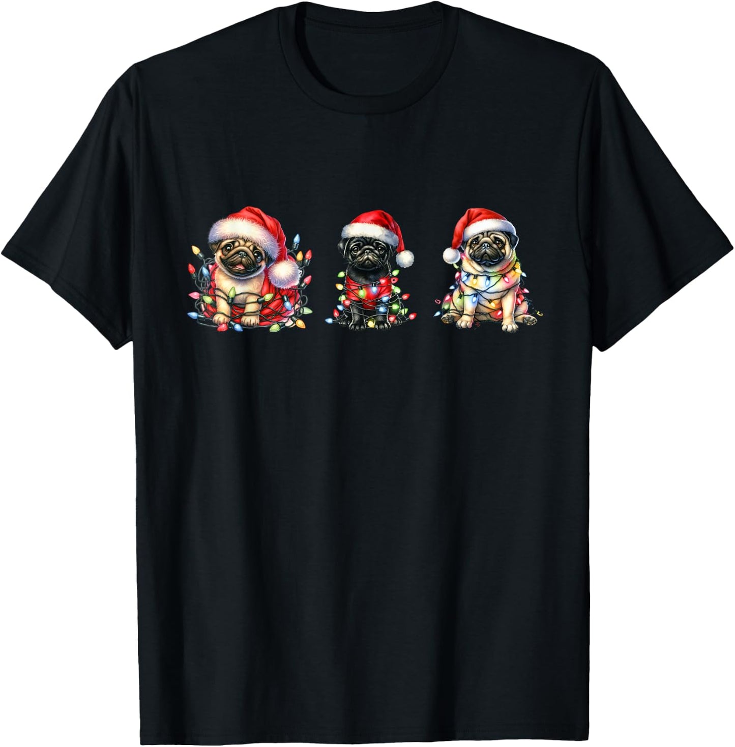 Christmas Fawn and Black Pugs Santa Pugs T-Shirt - T-Shirt | Black