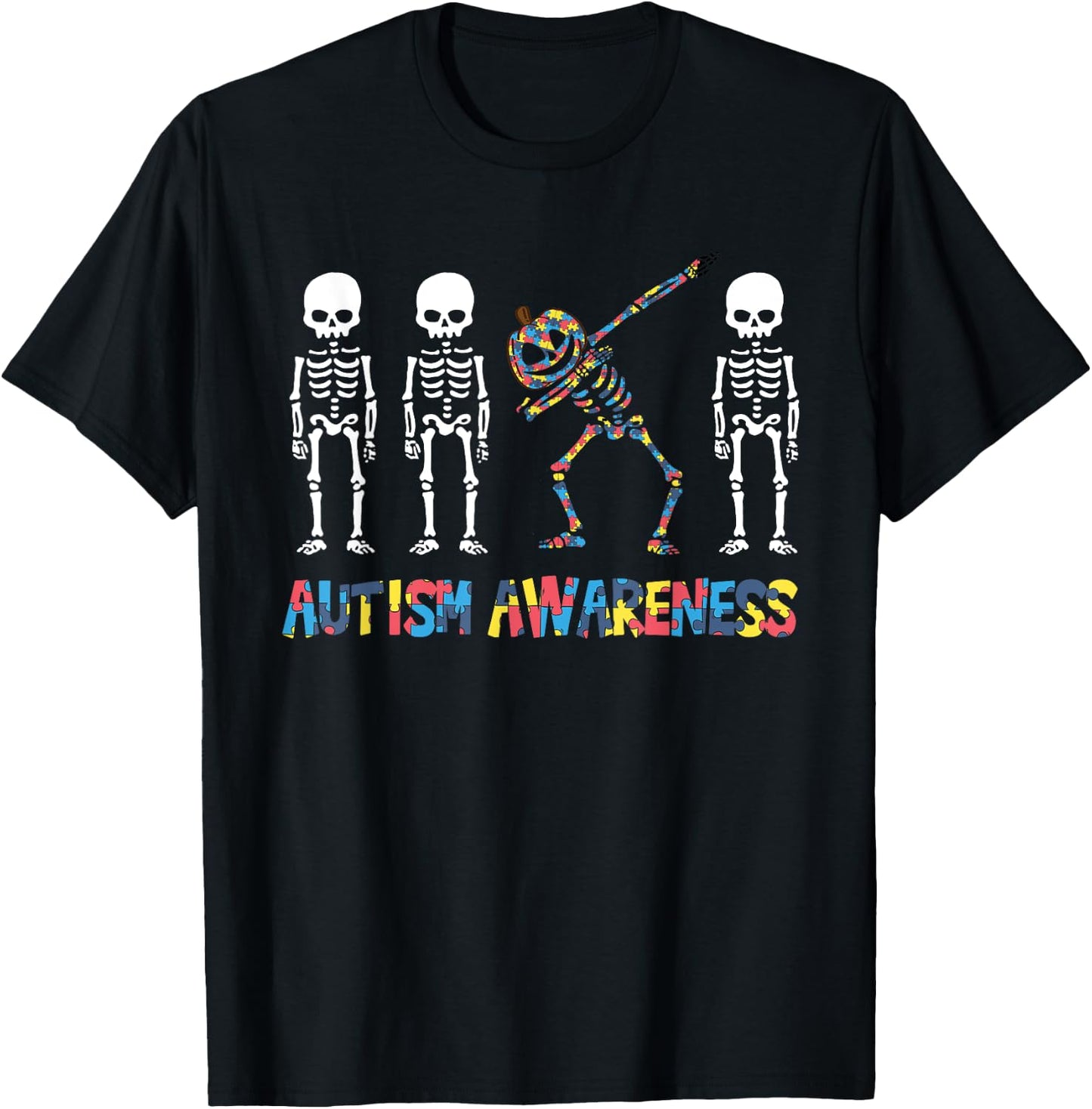 Dabbing Skeleton Pumpkin Autism Awareness Halloween T-Shirt - T-Shirt | Black