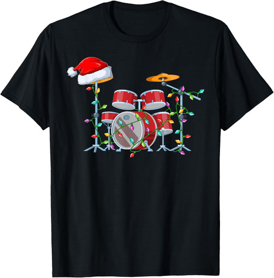 Xmas Lights Santa Hat Musical Drum Christmas T-Shirt - T-Shirt | Black