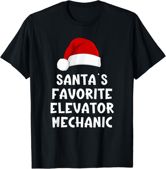 Christmas Santa's Favorite Elevator Mechanic Funny Pajama T-Shirt - T-Shirt | Black