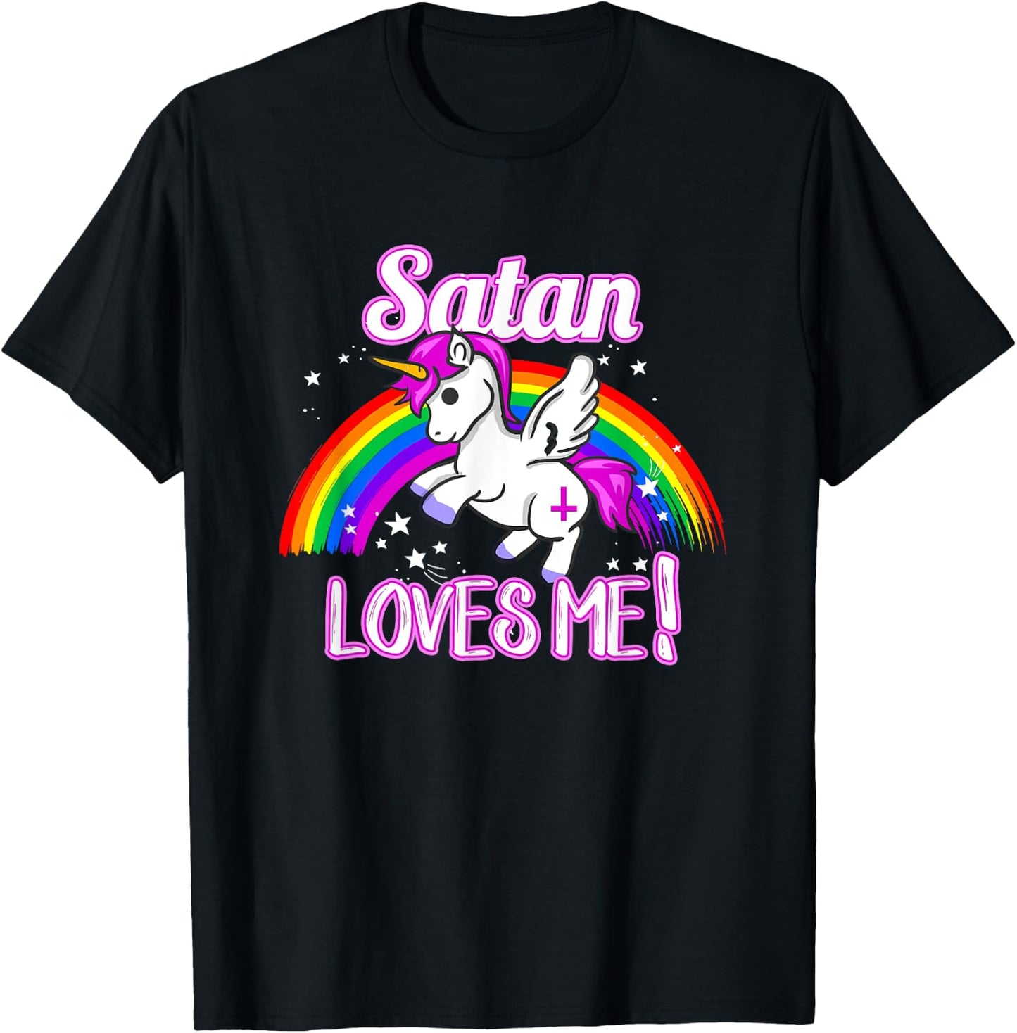 Satan Loves Me Unicorn Religion Non-Believer God T-Shirt - T-Shirt | Black