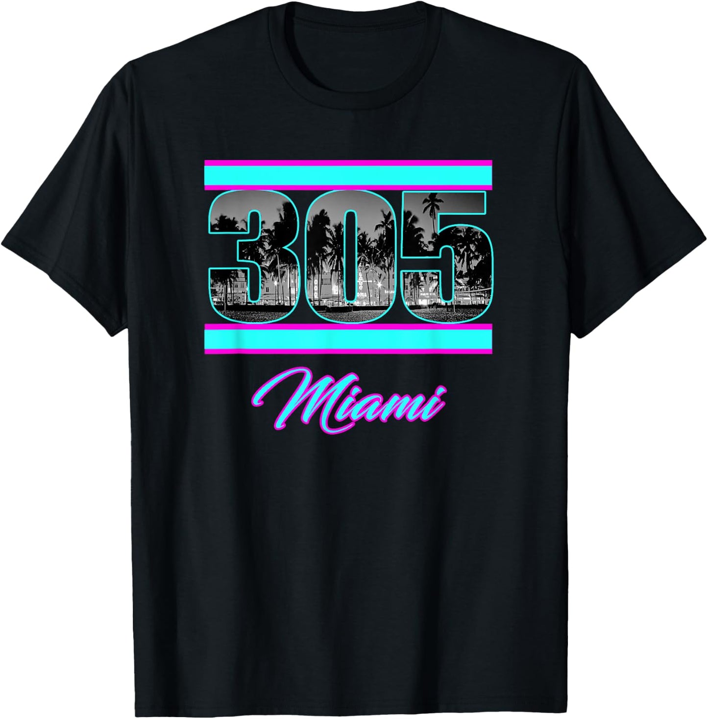 Miami Retro 305 South Beach View 80s Pink & Blue Women Girls Kids T-Shirt - T-Shirt | Black