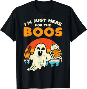 Just Here For Boos Retro Ghost Drink Beer Halloween Costume T-Shirt - T-Shirt | Black