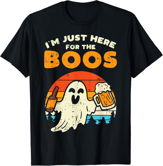 Just Here For Boos Retro Ghost Drink Beer Halloween Costume T-Shirt - T-Shirt | Black