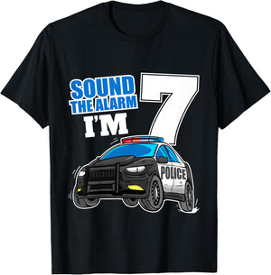 Kids Police Car 7th Birthday Boy 7 Cop Policeman Officer Seven T-Shirt - T-Shirt | Black