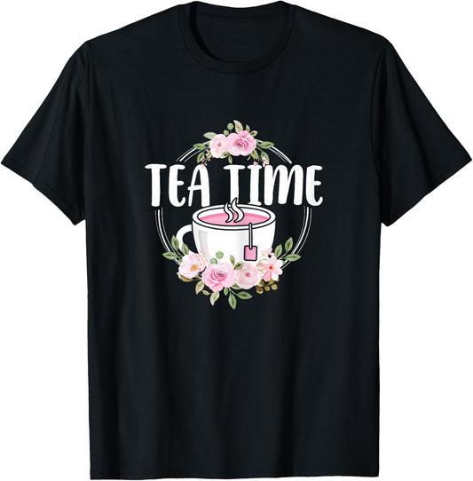 Cute Tea Time Flower Teacup Tea Lover Women Girls T-Shirt - T-Shirt | Black