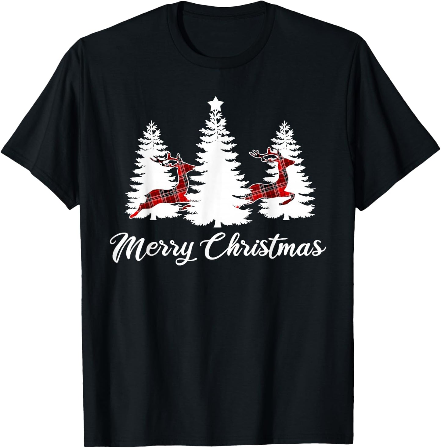Merry Christmas Shirt Buffalo Plaid Reindeer Tree T-Shirt - T-Shirt | Black