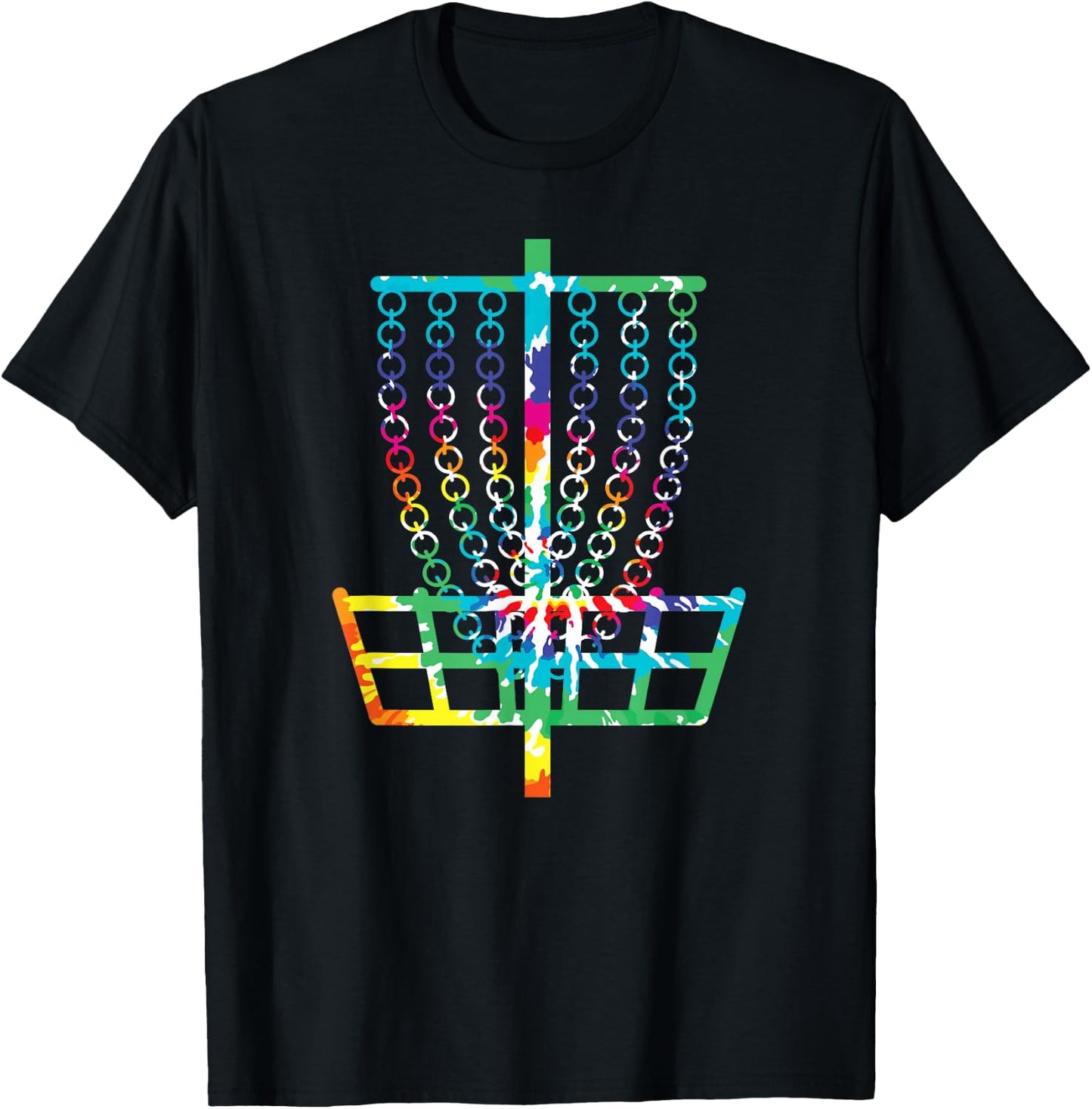 Retro Disc Golf Basket Hippie Rainbow Tie Dye Disc Golfer T-Shirt - T-Shirt | Black