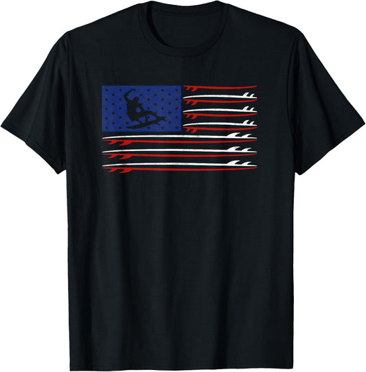 Vintage Surfboard USA Flag Shirt Surfing Wake Surf Surfer T-Shirt - T-Shirt | Black