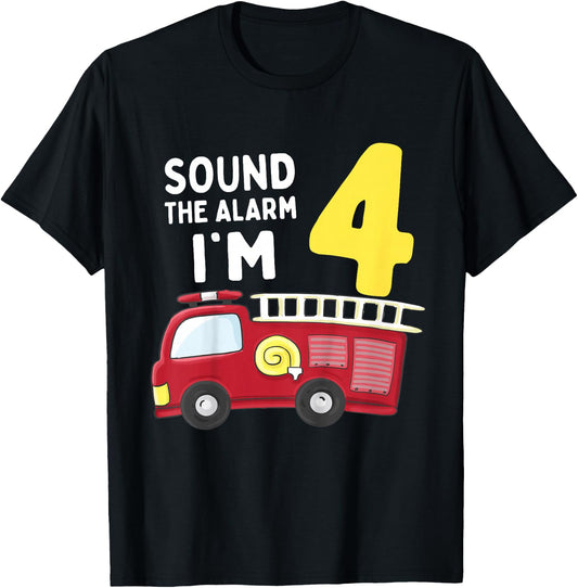 Kids Fire Truck 4th Birthday Boy Kids Firefighter 4 Year Old T-Shirt - T-Shirt | Black