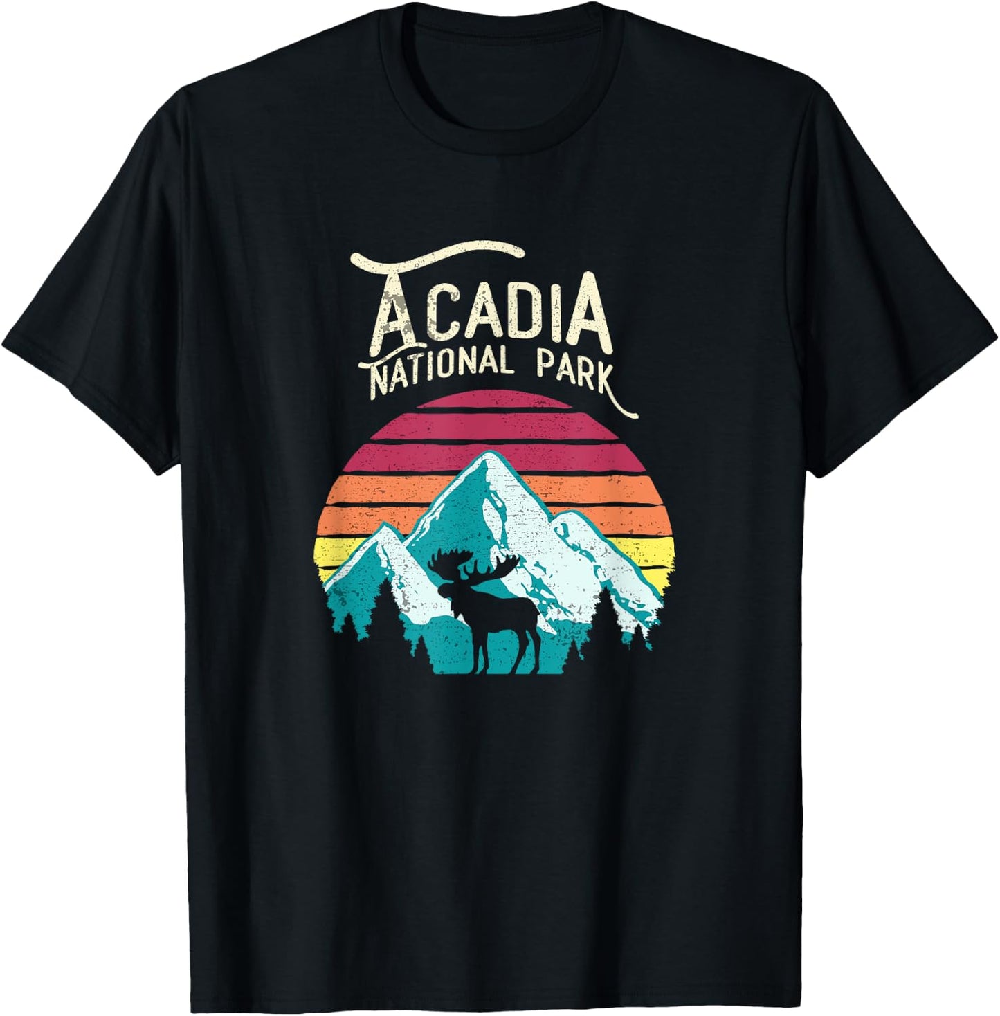 Vintage Acadia National Park, Maine Mountains Moose T Shirt T-Shirt - T-Shirt | Black