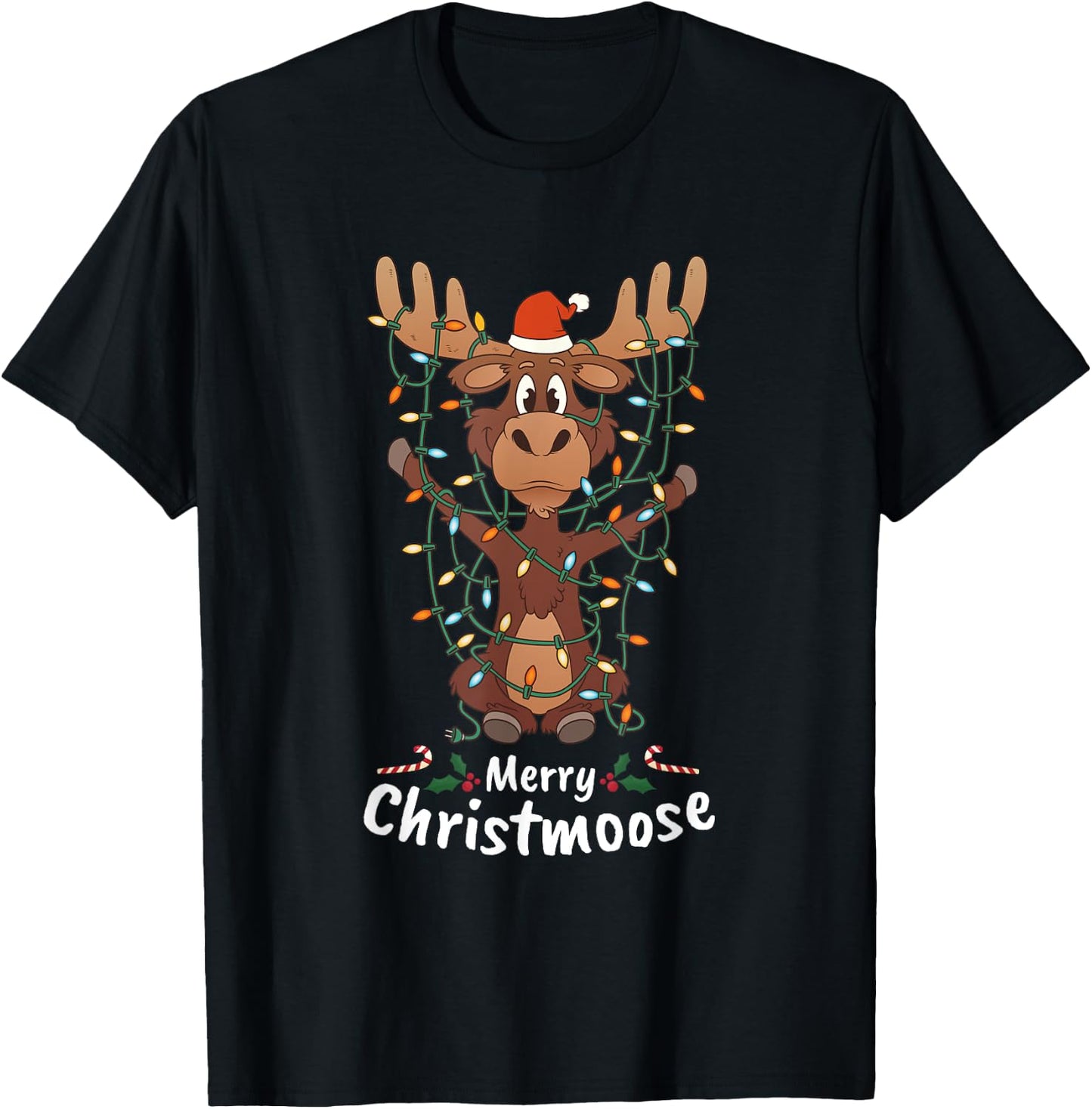 Merry Christmas Elk Christmas Tree Lighted Gift T-Shirt - T-Shirt | Black